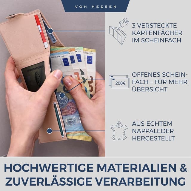 Detalle 2 de VON HEESEN Slim Wallet mit Münzfach, RFID-Schutz & Echtleder (Rose) – Kartenetui mit Geldklammer