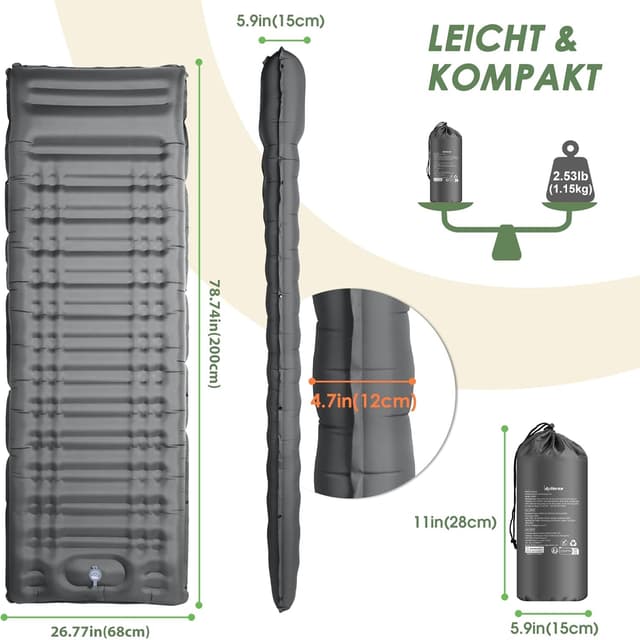 Detalle de Arlierss Isomatte 12 cm Luftmatratze fürs Camping – mit Fußpresse, Pumpe und Kissen
