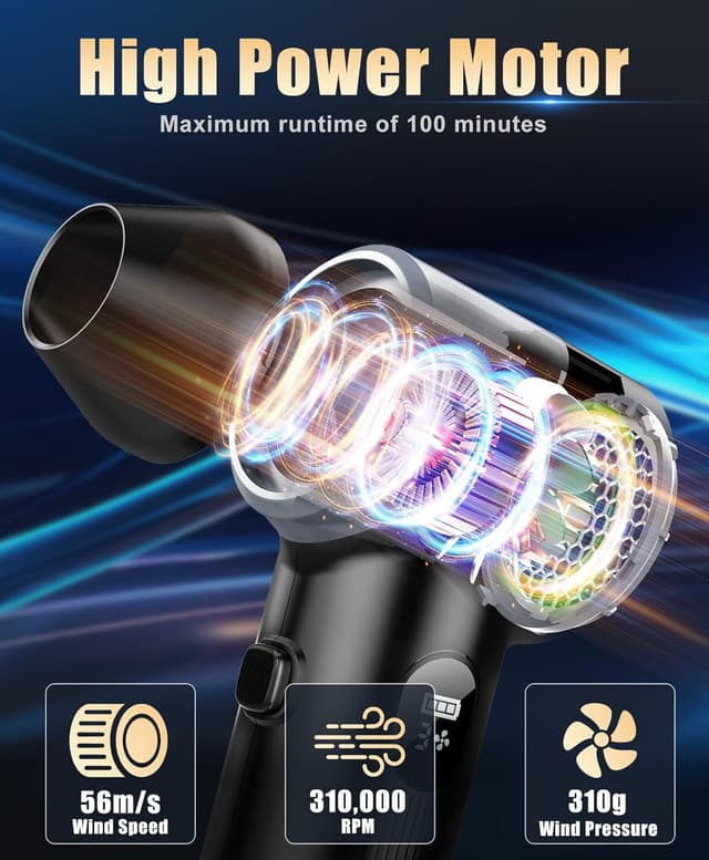 Detalle de Fitnac Compressed Air Duster (310,000RPM) Cordless Electric Air Blower with LED Light, 4 Gears & Adjustable Turbo Fan