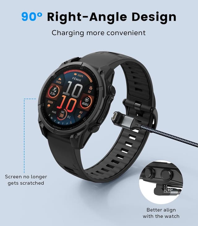 Detalle de MoKo 2-in-1 Charger Cable (2 Pack) for Garmin Watches – USB-C/USB-A adapters with right-angle TPE cable, Gray