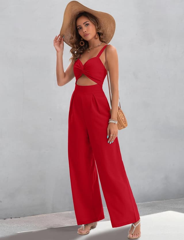 Detalle de AGerway Women’s Summer Jumpsuits V-Neck Twist Wide-Leg Rompers (One-Piece)