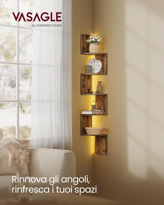 Detalle 2 de VASAGLE LBC630K01 Mensola angolare da parete con luci LED RGB, 5 ripiani e telecomando