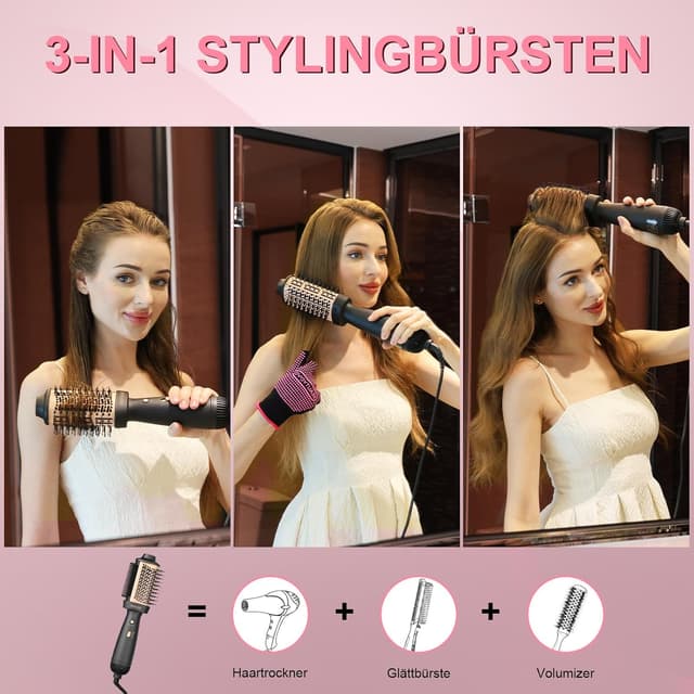 Detalle 2 de BEAUTYOVO 3-in-1 Warmluftbürste (37–200 °C) mit Glättbürste & Ionen, 3 Modi – Schwarz & Champagner