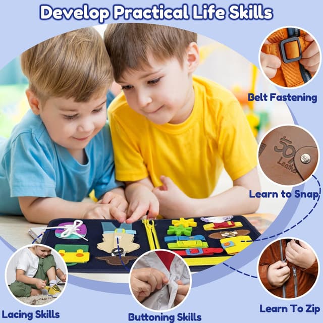 Detalle de Qizfun Toddler Busy Board Montessori Toys (Dinosaur, 8-Page Sensory Busy Book) for Car & Airplane Travel