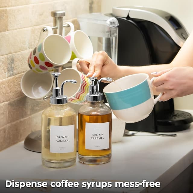 Detalle de Spaceneat Coffee Syrup Dispenser with Pump (Glass) – 500 ml bottle set with labels, brush & funnel