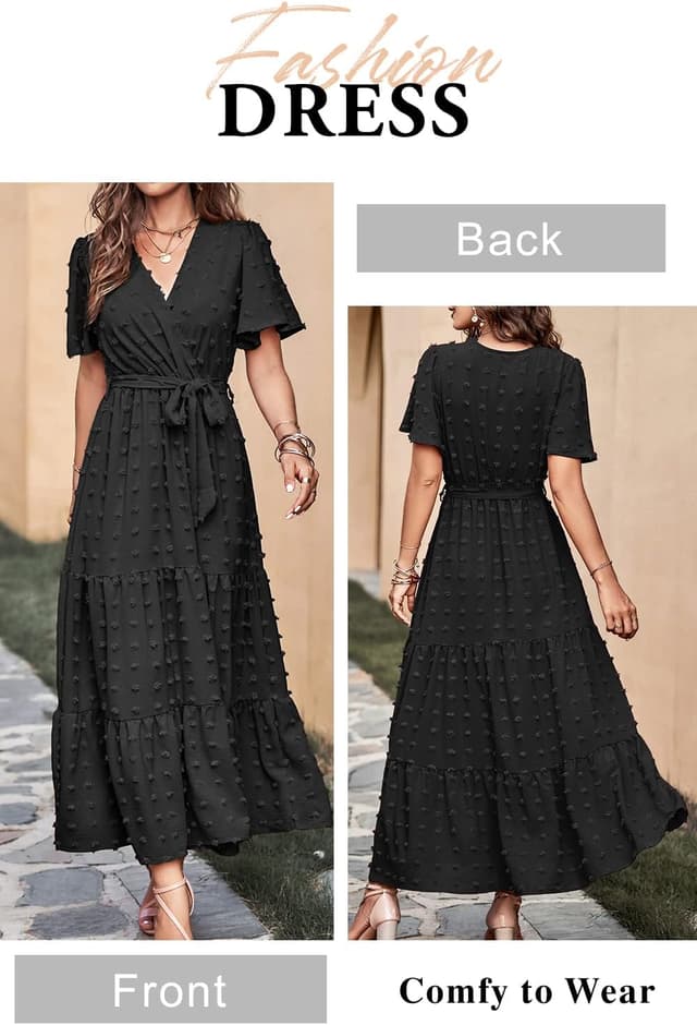 Detalle de MASCOMODA Women’s Swiss Dot Maxi Dress with Wrap V-Neck & Flutter Sleeves