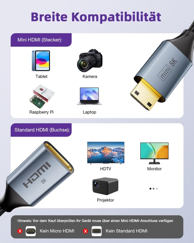 Detalle 2 de VCELINK 8K Mini-HDMI auf HDMI 2.1 Adapter (2.1) – 8K@60 Hz / 4K@120 Hz, vergoldeter Mini-HDMI-Stecker, 18 cm Kabel