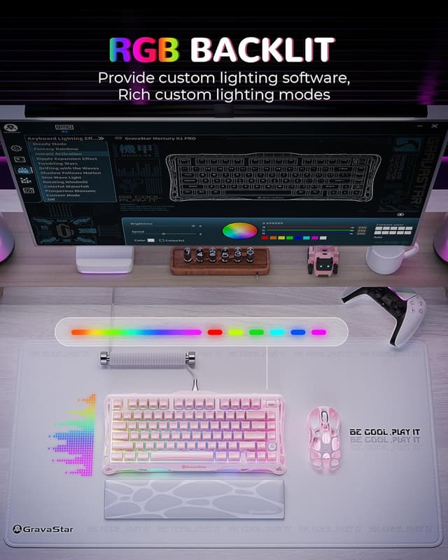 Detalle de GravaStar Mercury,K1 75% Pink Wireless Mechanical Gaming Keyboard (Sakura Pink)