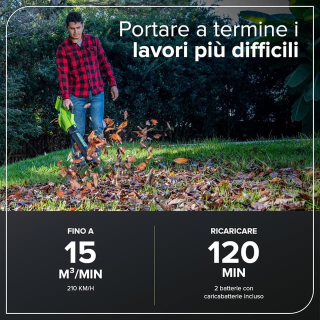 Detalle de Greenworks GD40ABK2X Soffiatore di foglie a batteria 40V brushless, 210 km/h e 15,6 m³/min