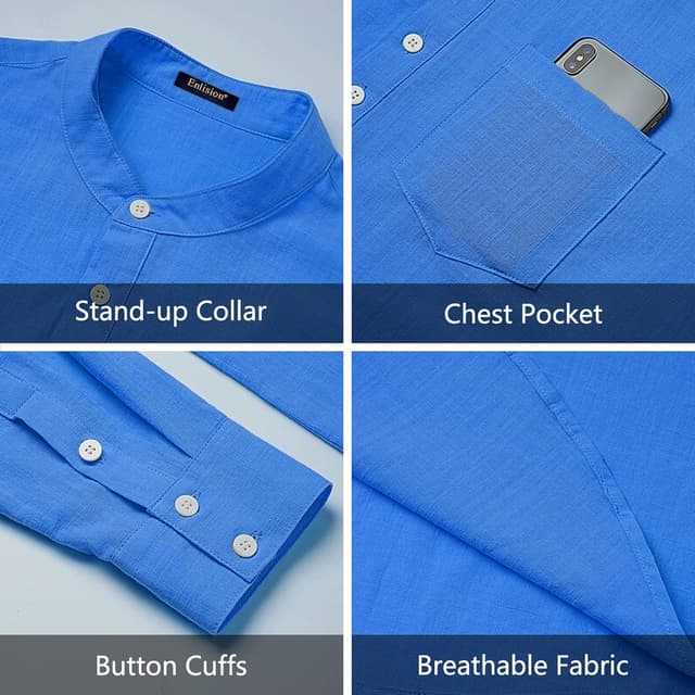 Detalle 1 de Enlision Herren Baumwoll-Leinenhemd Langarm Regular Fit – Sommerhemd mit Brusttasche