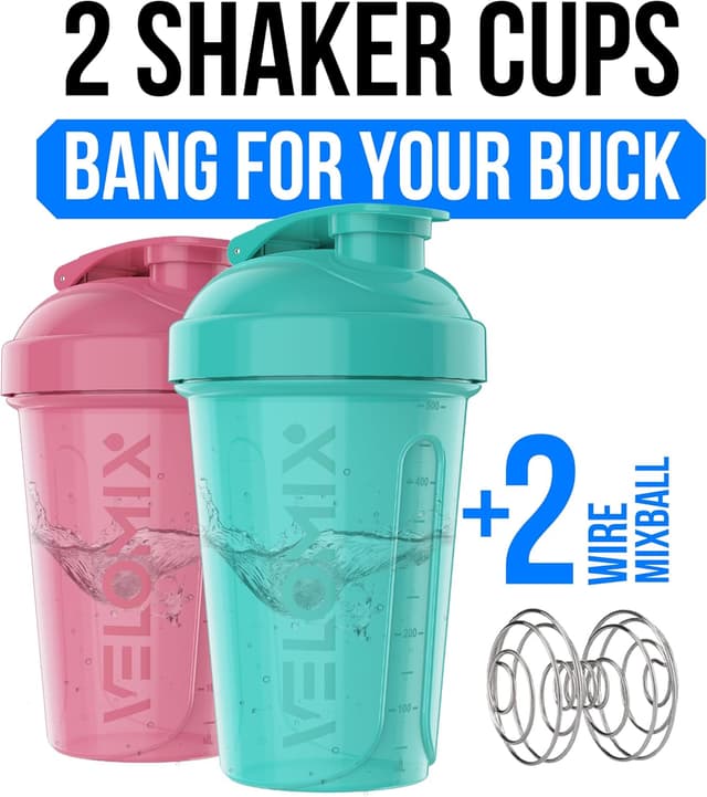 Detalle 2 de VELOMIX 2-Pack 600ml Protein Shaker Bottle (Pink/Turquoise) with Wire Mixball