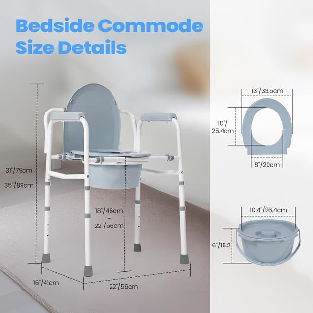 Detalle de Careboda Toilettenstuhl für Senioren mit Armlehnen – stählerner Rahmen, 5 Höhen, bis 136 kg, 7,1-l-Auffangbehälter