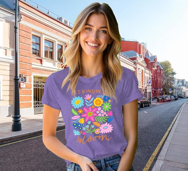 Detalle de Qskall women’s “Let Kindness Bloom” flora graphic T-shirt