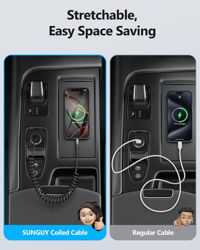 Detalle de SUNGUY USB‑C Spiralkabel (1,8 m) – Datenkabel für Auto, Android Auto & Carplay