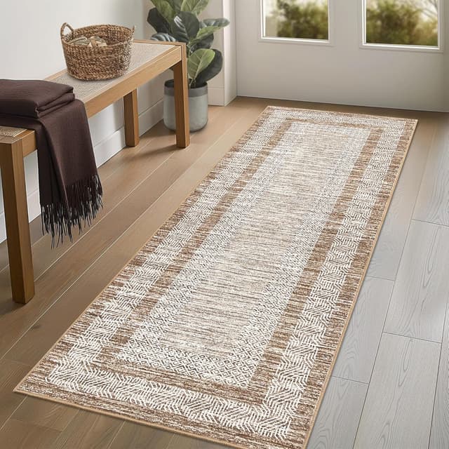 Detalle de GarveeHome 2x6 Modern Bordered Runner Rug (Soft Non-Slip, Washable) in Brown