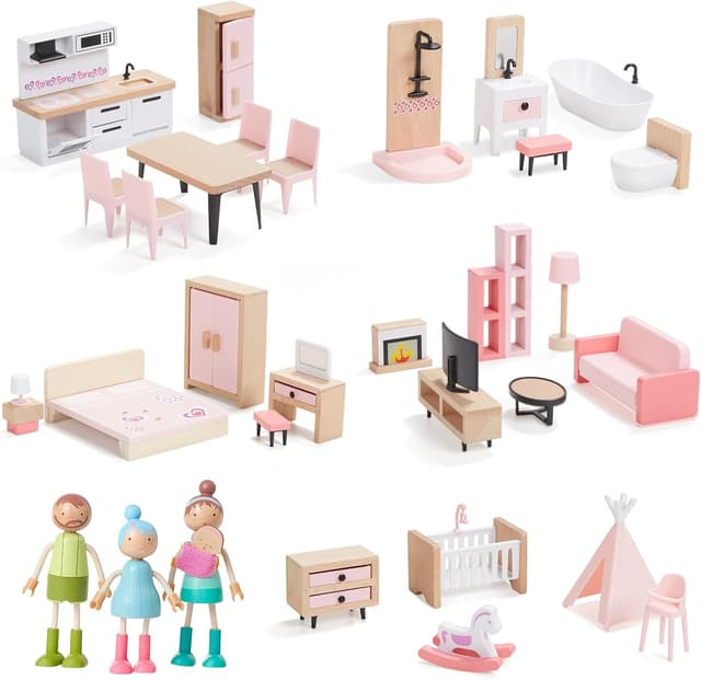 Detalle de Giant bean Puppenhaus Möbel Set aus Holz (36-teilig) – Rosa, Puppenhaus-Zubehör für Kinder ab 3 Jahren