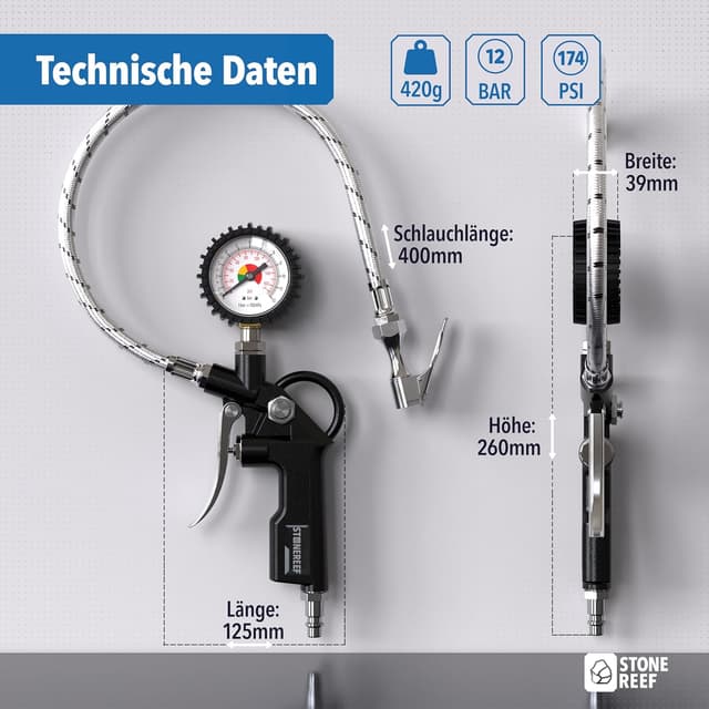 Detalle de Reifenfüller mit drehbarem Manometer (inkl. Adapter & Ersatzkappen) – Reifendruckfüller für Kompressor, Auto und Fahrrad
