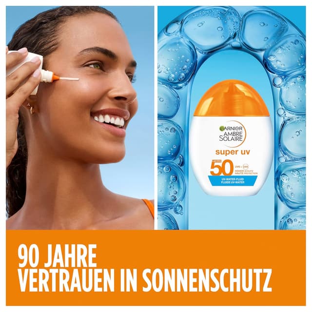 Detalle de Garnier Ambre Solaire Super UV UV-Water-Fluid LSF 50 – erfrischende Sonnencreme für das Gesicht, Dry-Touch, unsichtbares Finish, 40 ml