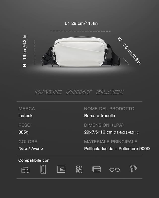 Detalle de Inateck Sling Bag X-Pro: borsa a spalla e tracolla espandibile con tasca RFID e 16 scomparti