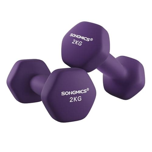 Detalle de SONGMICS juego de 2 mancuernas hexagonales de vinilo (2 x 2 kg) en violeta ceniza SYL64PL