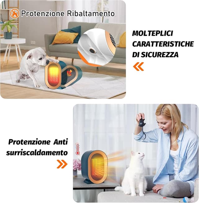 Detalle de Stufetta elettrica Basso Consumo per bagno e ambienti piccoli, 800/1200W con protezioni anti-ribaltamento