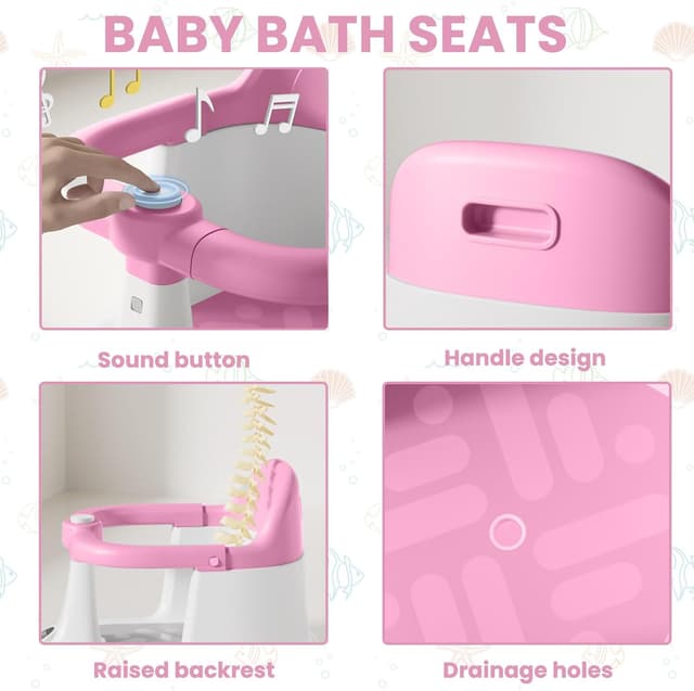 Detalle 2 de UBRAVOO Baby Bath Seat (6-24 Months) with 4 Suction Cups – Non-Slip Infant Bath Tub Chair, Pink