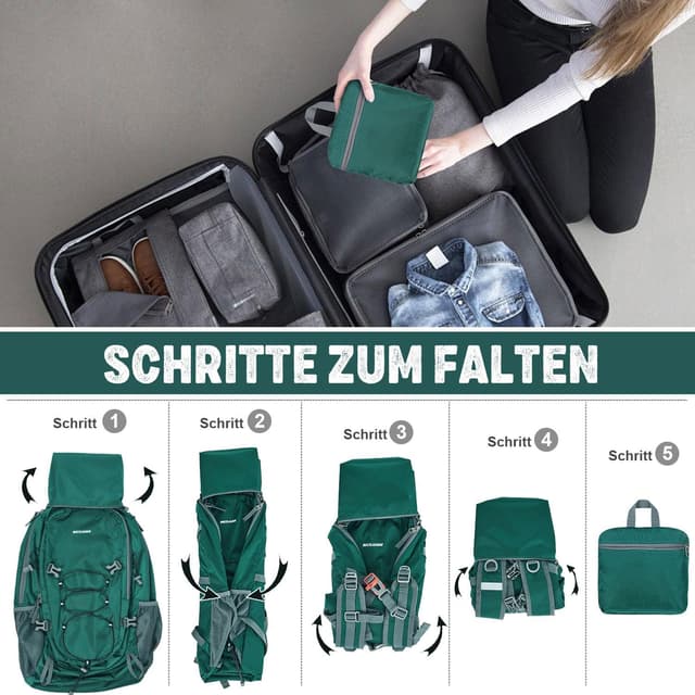 Detalle 2 de BECOJADDE Faltbarer Wanderrucksack 40L (Wasserdicht) – Ultraleicht mit Nassfach