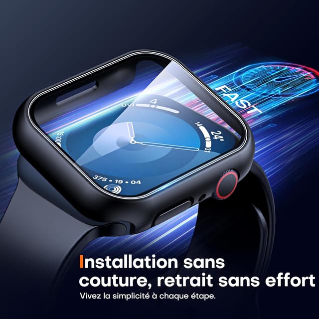 Detalle 2 de TAURI Tauri 2 pièces coque + protection écran en verre trempé pour Apple Watch Series 9/8/7 (41 mm) – Noir