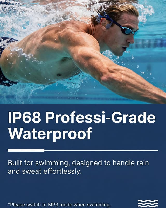 Detalle 2 de MONODEAL Knochenschall Kopfhörer fürs Schwimmen mit MP3-Player (8 GB) und Bluetooth 5.4 – IPX8/IP68