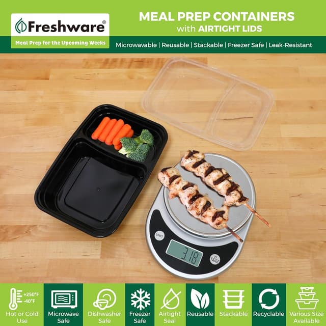 Detalle 2 de Freshware Meal Prep Containers (50 Count) 2-Compartment BPA-Free Bento Boxes, 28 oz, Stackable Lids