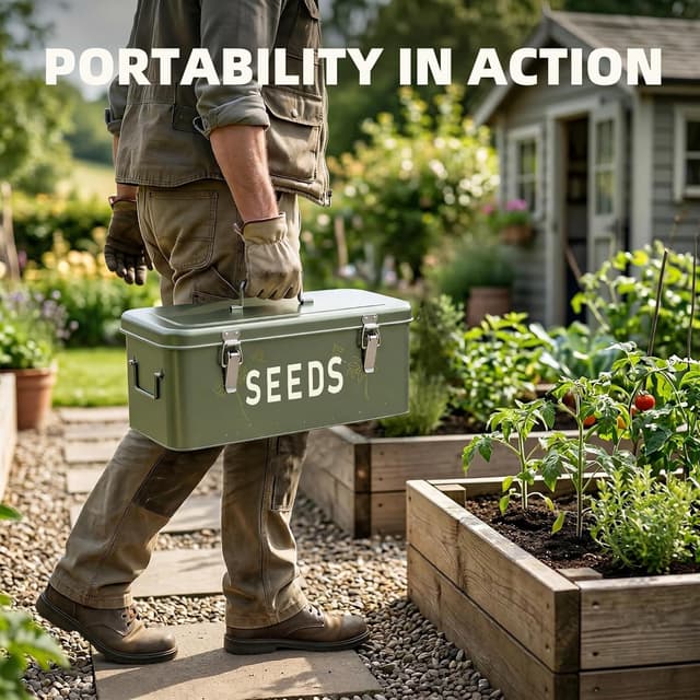 Detalle de Orionstar Seed Storage Organiser: metal seed saving box with lid, 4 compartments & storage set