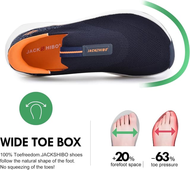 Detalle 2 de JACKSHIBO men’s slip-on trainers with wide toe box, arch support & zero drop sole