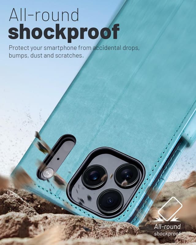 Detalle 2 de OCASE Hülle für iPhone 17 Pro Max 5G – Kartenfach, Magnet & Standfunktion, RFID Blocker, stoßfeste Lederhülle in Eisblau