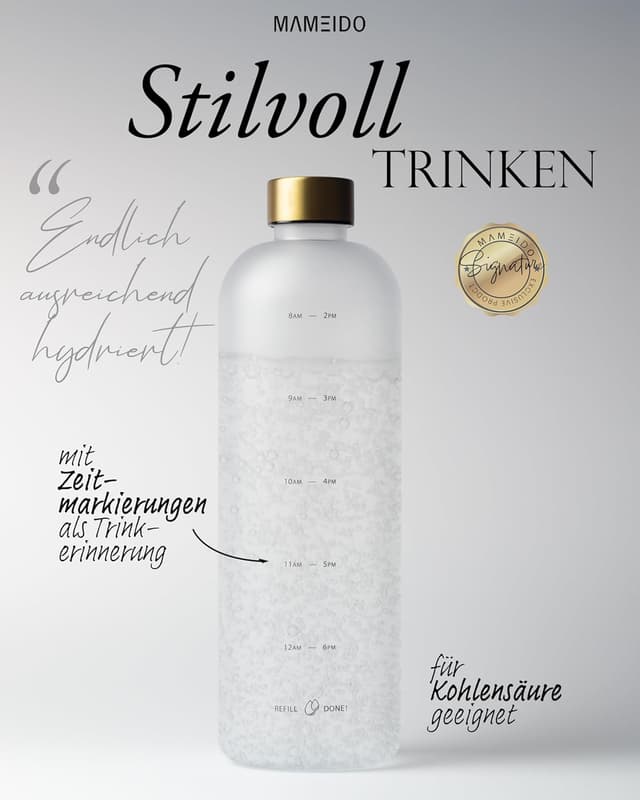 Detalle 2 de MAMEIDO Trinkflasche mit Zeitmarkierung, 1,5 l (kohlensäurehaltig, BPA-frei) – auslaufsicher mit Tritan