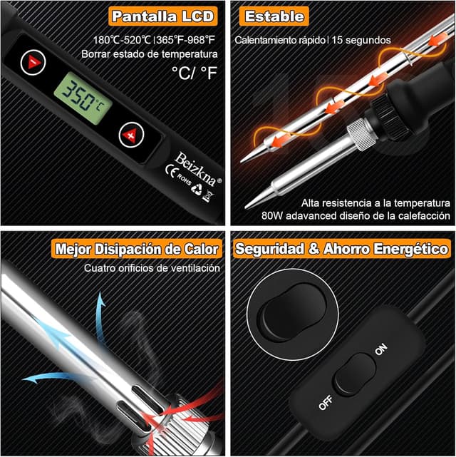 Detalle 2 de Beizkna 80W Soldador de estaño con temperatura ajustable 180–520°C