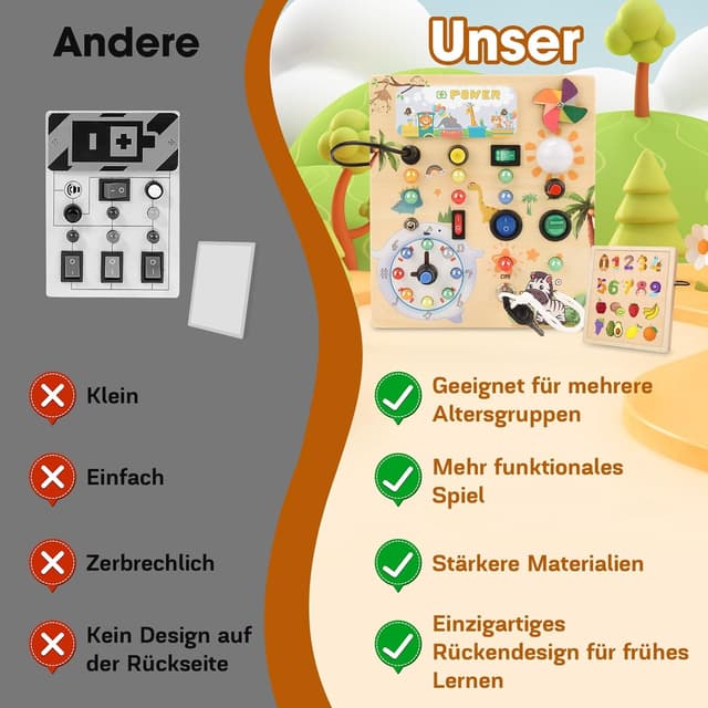 Detalle de MILFECH Montessori Busy Board aus Massivholz – Aktivitätsbrett mit 10 Schaltern und 17 LEDs