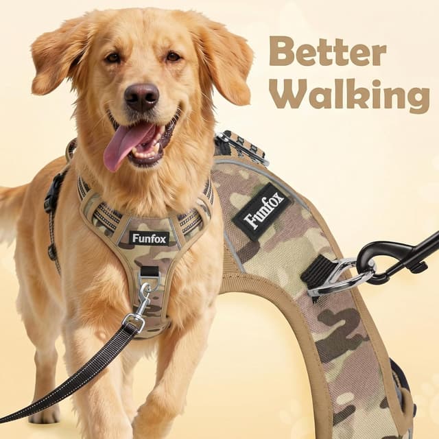 Detalle de Funfox Dog Harness Small (Camo Brown S) – No-pull puppy harness with vertical handle, reflective strips & 2 clips