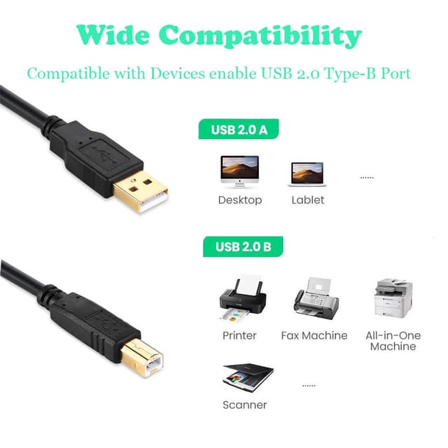 Detalle de USB 2.0 Printer Cable 3m Type A to Type B (Male to Male) for HP, Canon, Epson, Dell & more (Black, 3m)