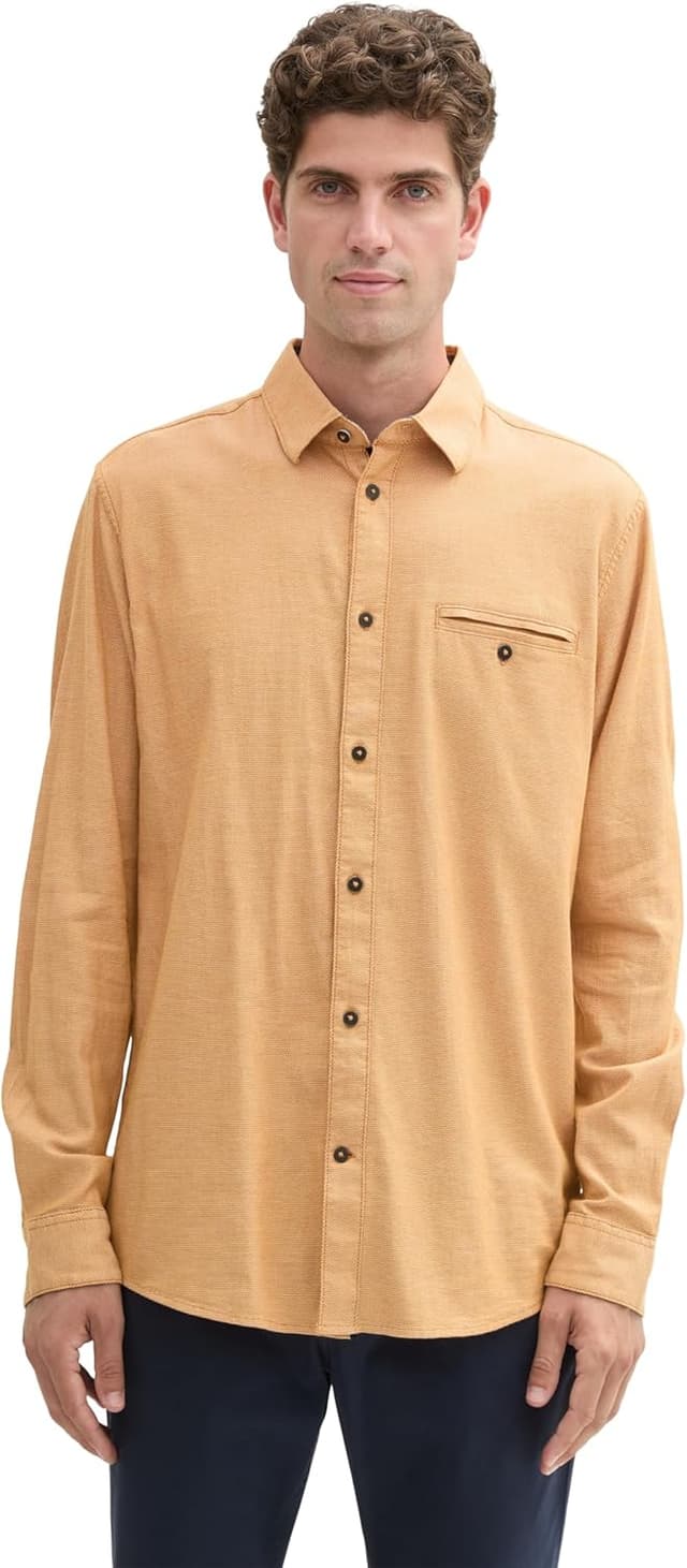 Detalle de TOM TAILOR 1043804 Camicia da uomo in cotone elastico effetto dobby con tasca sul petto