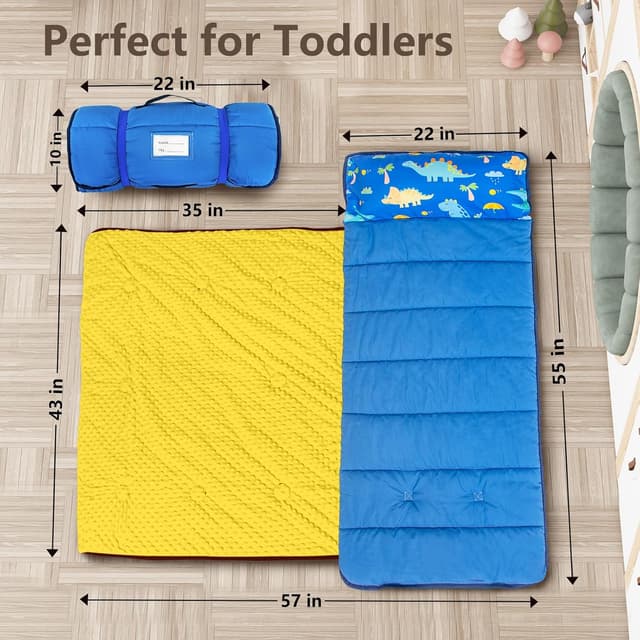 Detalle de Primlect Toddler Nap Mat with Removable Pillow and Fleece Blanket (55 x 22 Sleeping Bag) — Washable & Easy to Roll