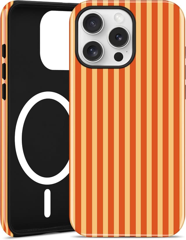 Imagen de Jusy Magnetische Handyhülle für iPhone 16 Pro Max – gestreiftes Sommer-Design mit MagSafe und 2-teiliger Stoßschutz-Bumper Case (Orange) en OfertitasTOP