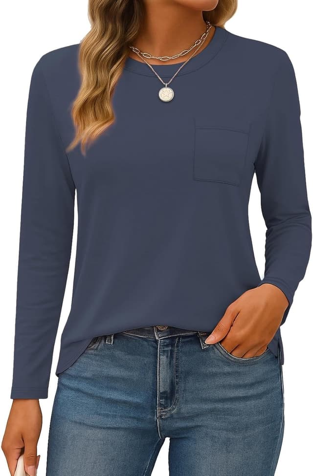 Thumbnail 6 de SMENG Long Sleeve T-Shirts for Women – Crew Neck Pocket Tee with Split Hem