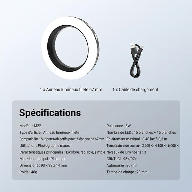 Thumbnail 6 de NEEWER Basics M22 anneau lumineux LED fileté 67 mm (bicolore, rechargeable, CRI95+)