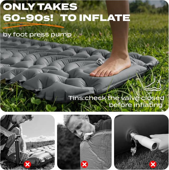 Detalle de RUMBALUXY Inflatable Camping Sleeping Pad with Built-in Foot Pump, Waterproof 50D Nylon (Grey)