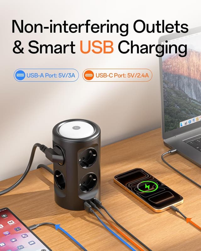 Detalle de Tour multiprise USB 11 en 1 : 8 prises Schuko + 3 USB, 2 m avec veilleuse et protection contre la surtension