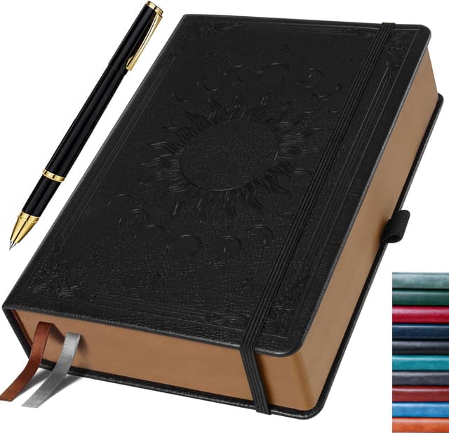 Detalle de HwxBen Daily Classic Lined Journal (Hardcover) with Pen, A5 Vintage Sun & Moon Design, 360 Pages