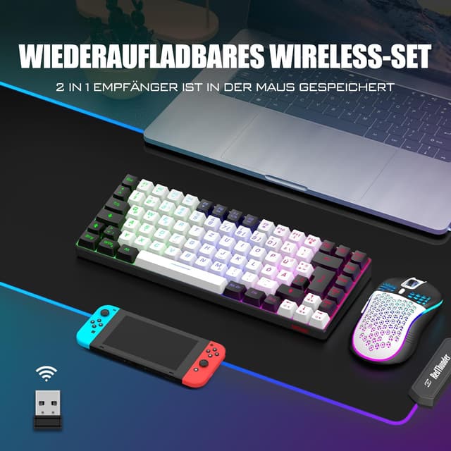 Detalle 2 de RedThunder 75% kabelloses Gaming-Tastatur- und Maus-Set (DE TKL, 85 Tasten) inkl. 7-Farben Honeycomb-Maus, wiederaufladbar – Weiß/Schwarz