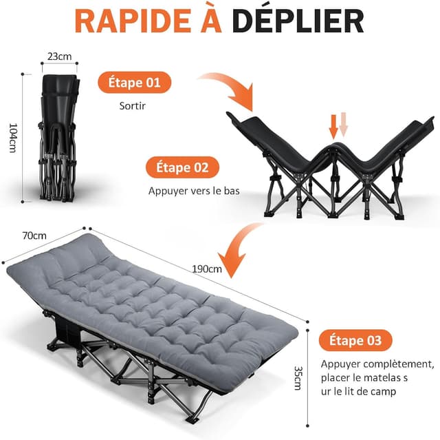 Detalle de Lit de camping pliable ATORPOK SHOP (capacité 200 kg) avec coussin et poche 3 en 1