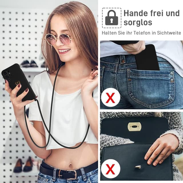 Thumbnail 6 de Eherui Handyband-Hülle für Samsung Galaxy S25 Ultra mit abnehmbarer Kordel – Goldherz-Design (Liquid Silikon Case), schwarz