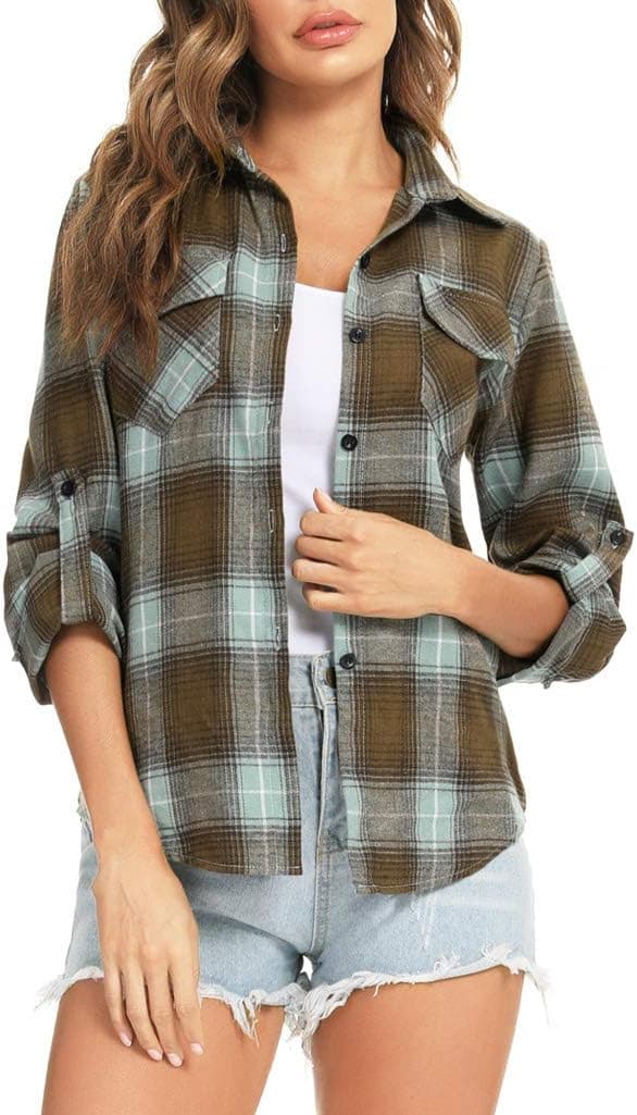 Detalle de Women’s 100% Cotton Flannel Plaid Shirt Blouse (Long Sleeve Button-Down, Boyfriend Fit)